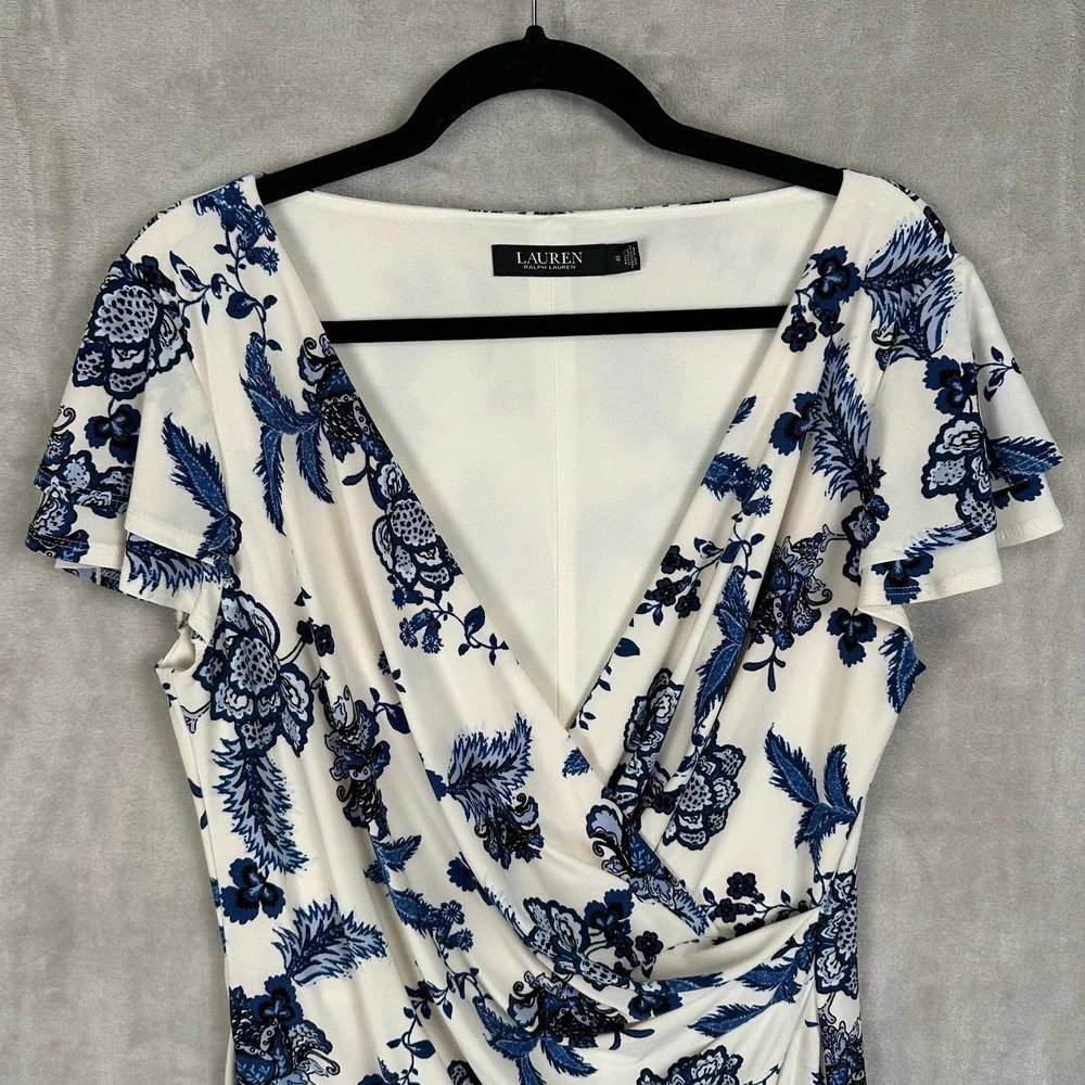 Ralph Lauren LRL Dress Womens 12 Blue Floral Faux Wrap Ruffle Sleeve Office_2
